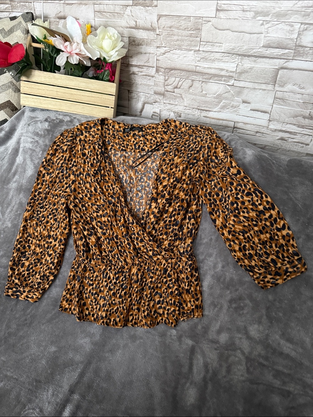 Zara Brown and Black Leopard Print V-Neck Wrap Blouse